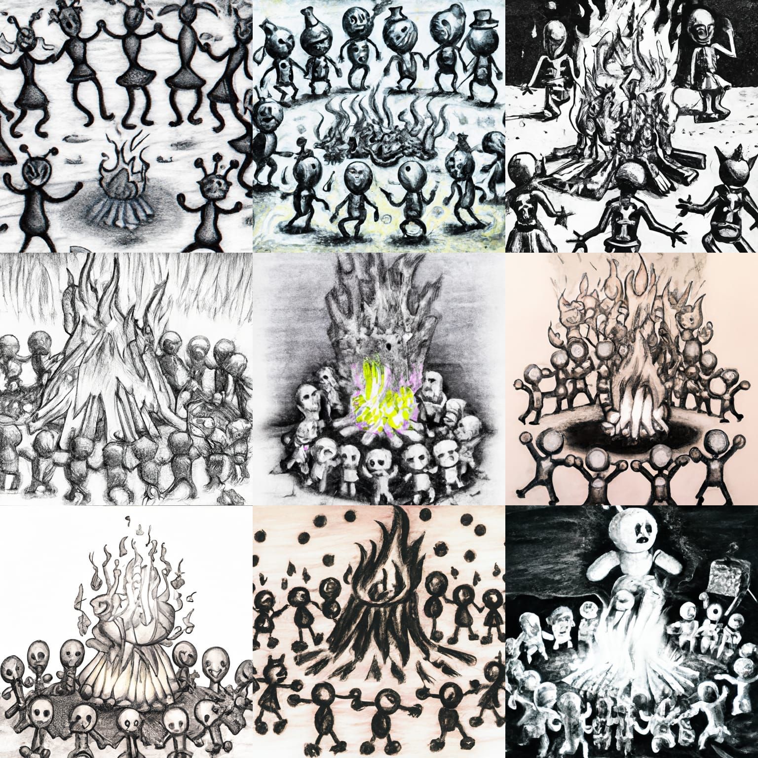 Melting Atomic Dolls Dance: A Hyperdetailed Charcoal Drawing