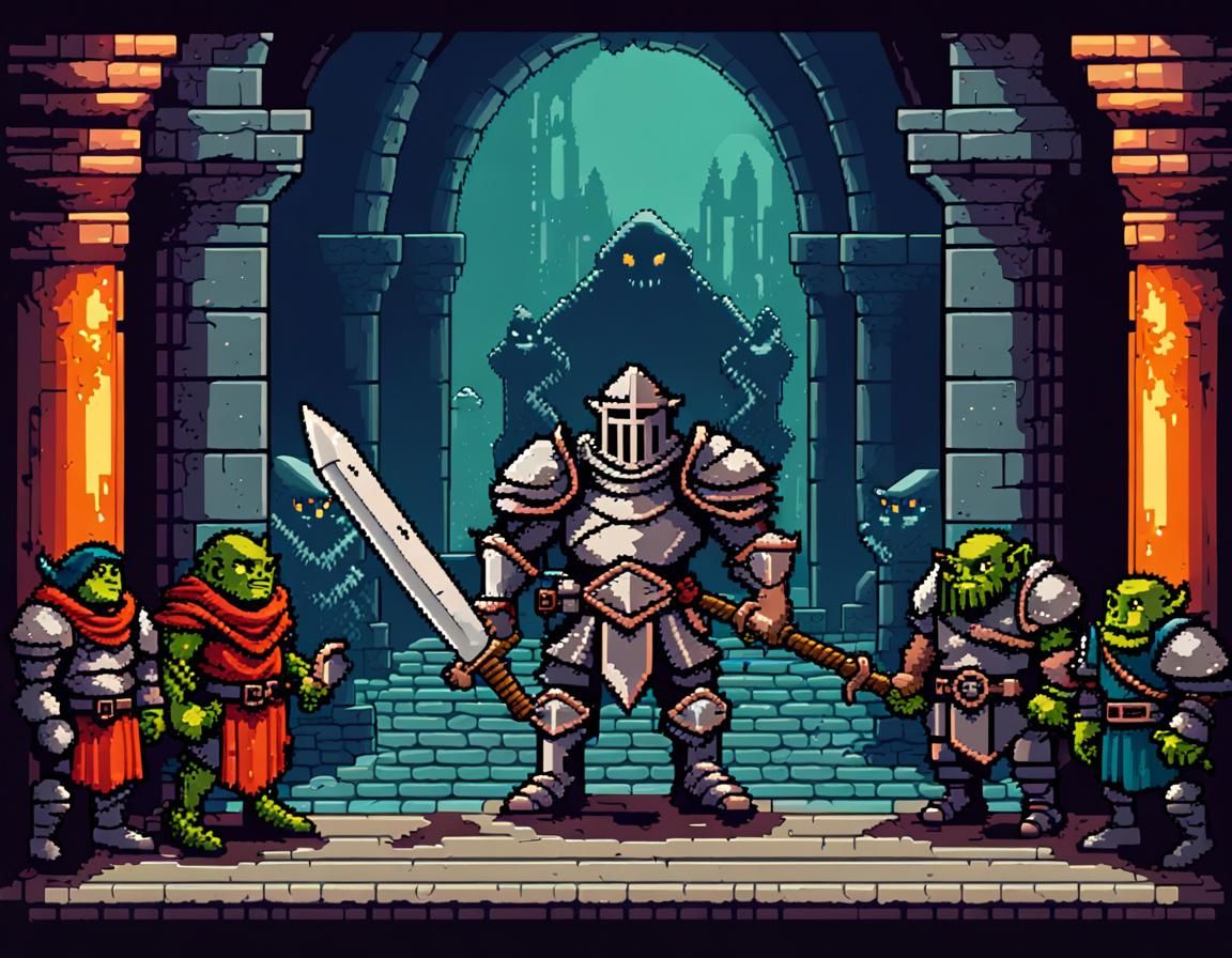 8-Bit Pixel Art: Knight and Thief in Dungeon