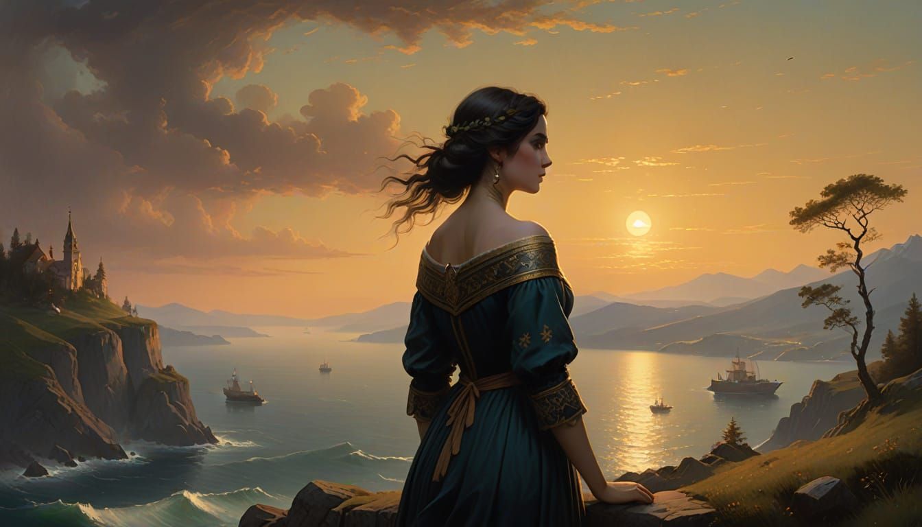 Elegant Woman in Golden Twilight, Inspired by Viking Era Mys...