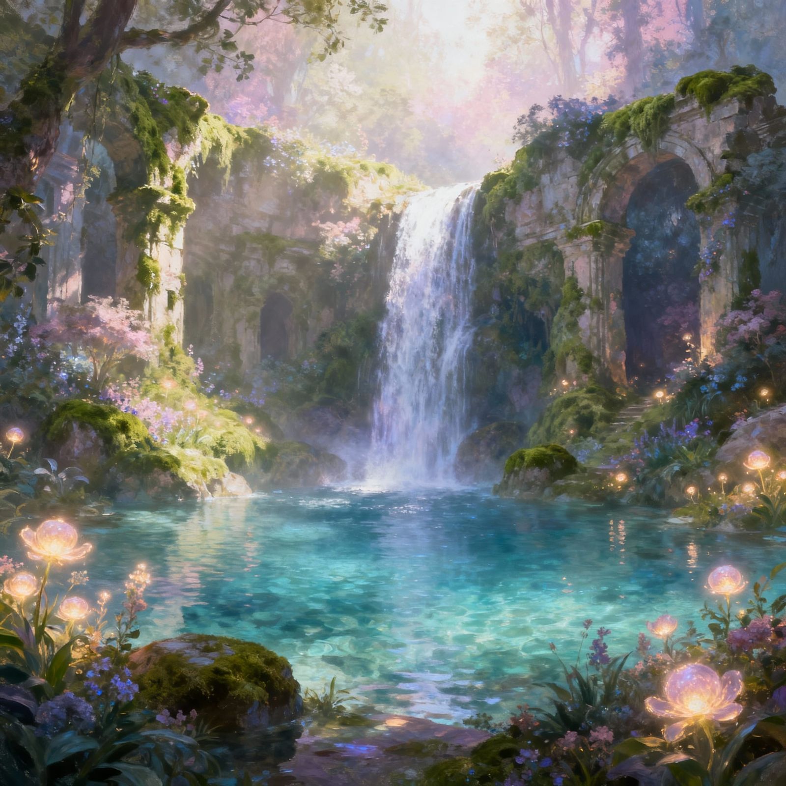 Hidden Waterfall Paradise with Glowing Flora and Ruins