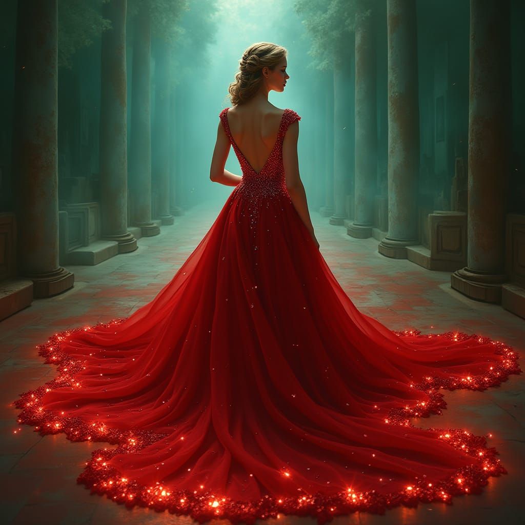 Regal Woman in Opulent Red Gown