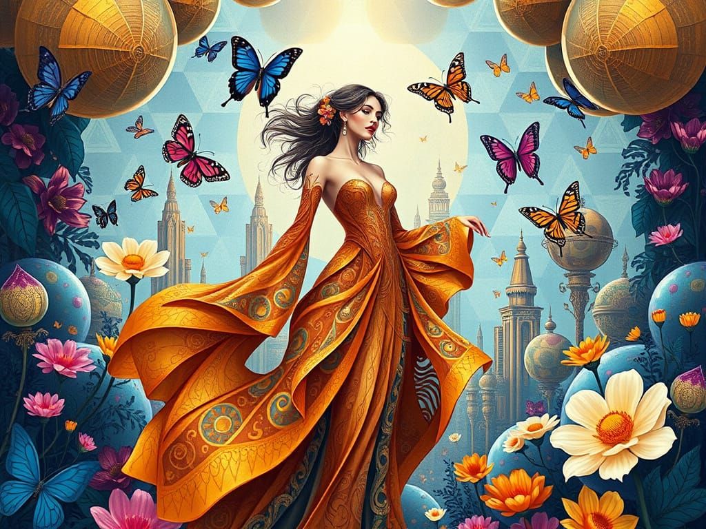 Golden Goddess Amidst Fractal Bloom in Arcology Utopia