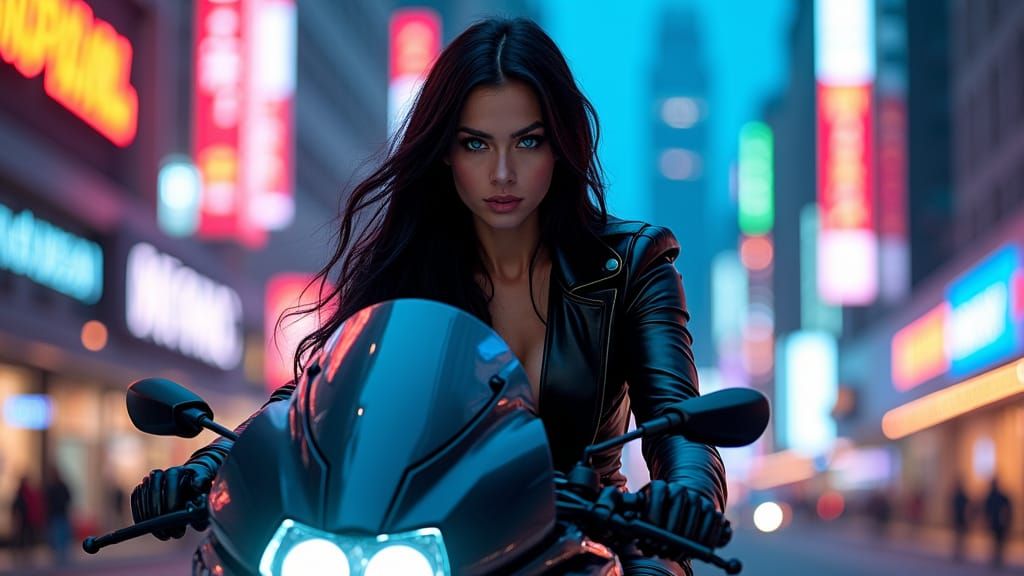 Futuristic Biker Woman in Neon Cityscape