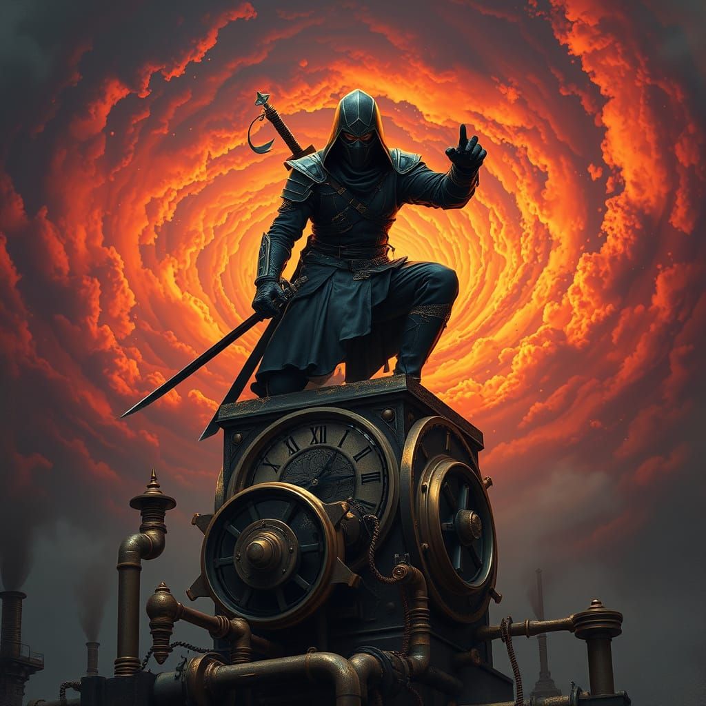 Steampunk Ninja Warrior atop Gothic Clock Tower