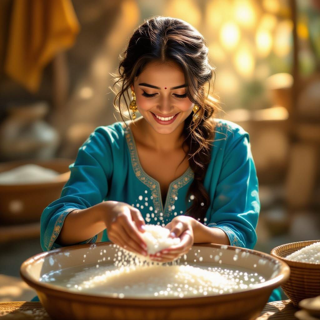 Uswa Washing Rice in Golden Light: Digital Art