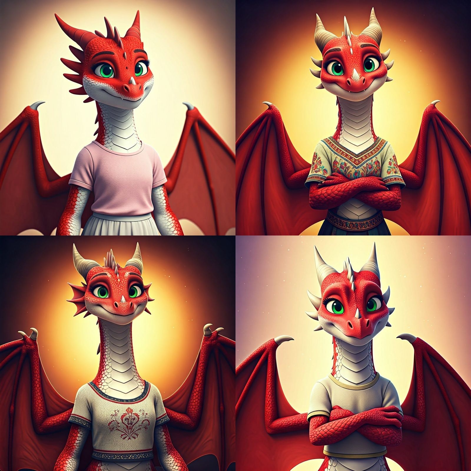 Caring Red and White Dragon Girl with Green Eyes and Vibrant...