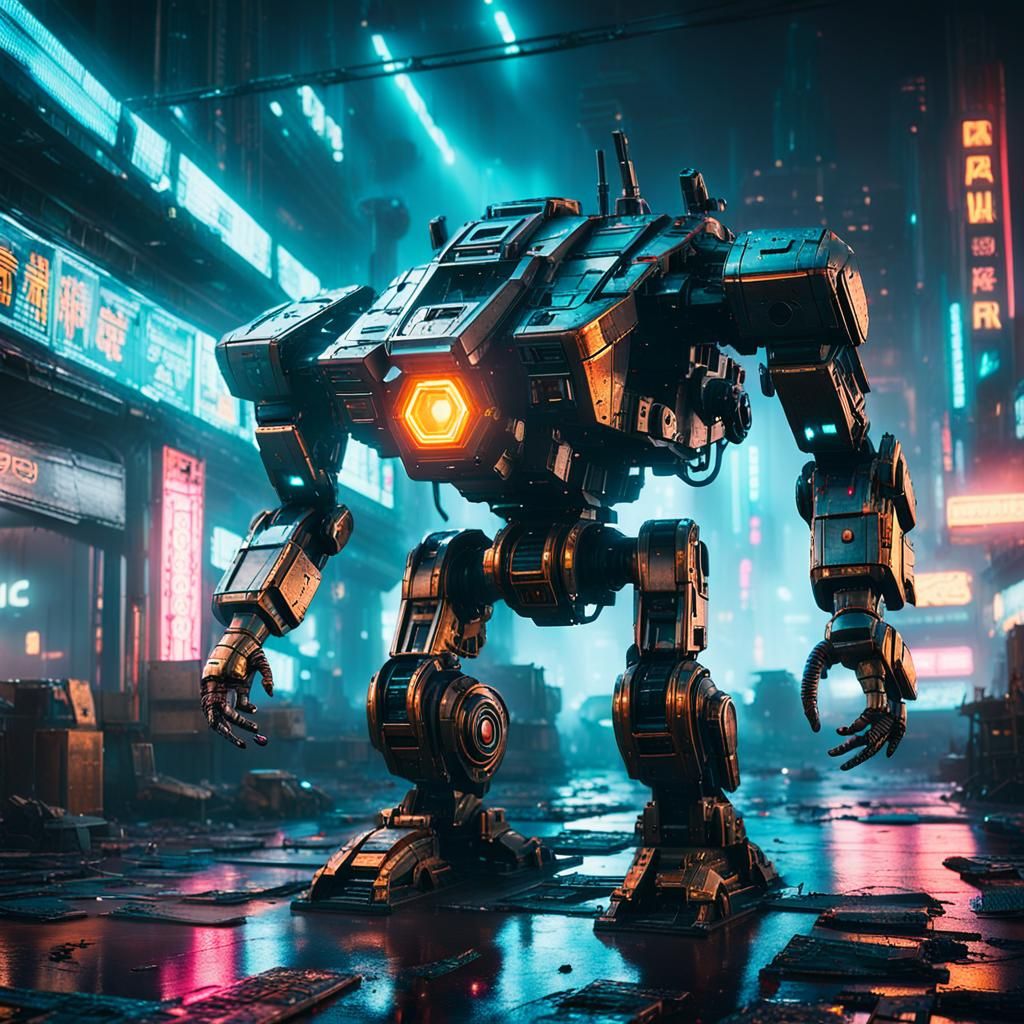 Neon Mech in Cyberpunk Cityscape