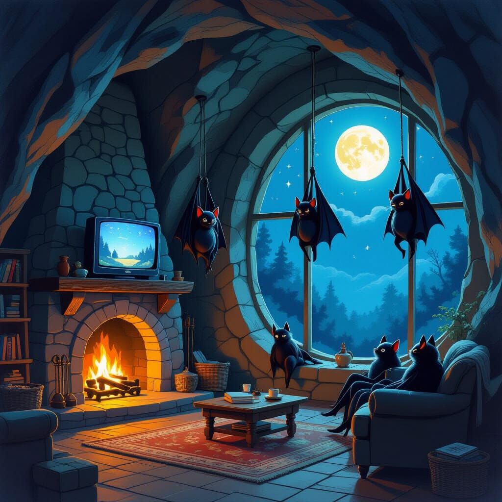 Whimsical Bat Family Cozy Cave Living Room Illustration