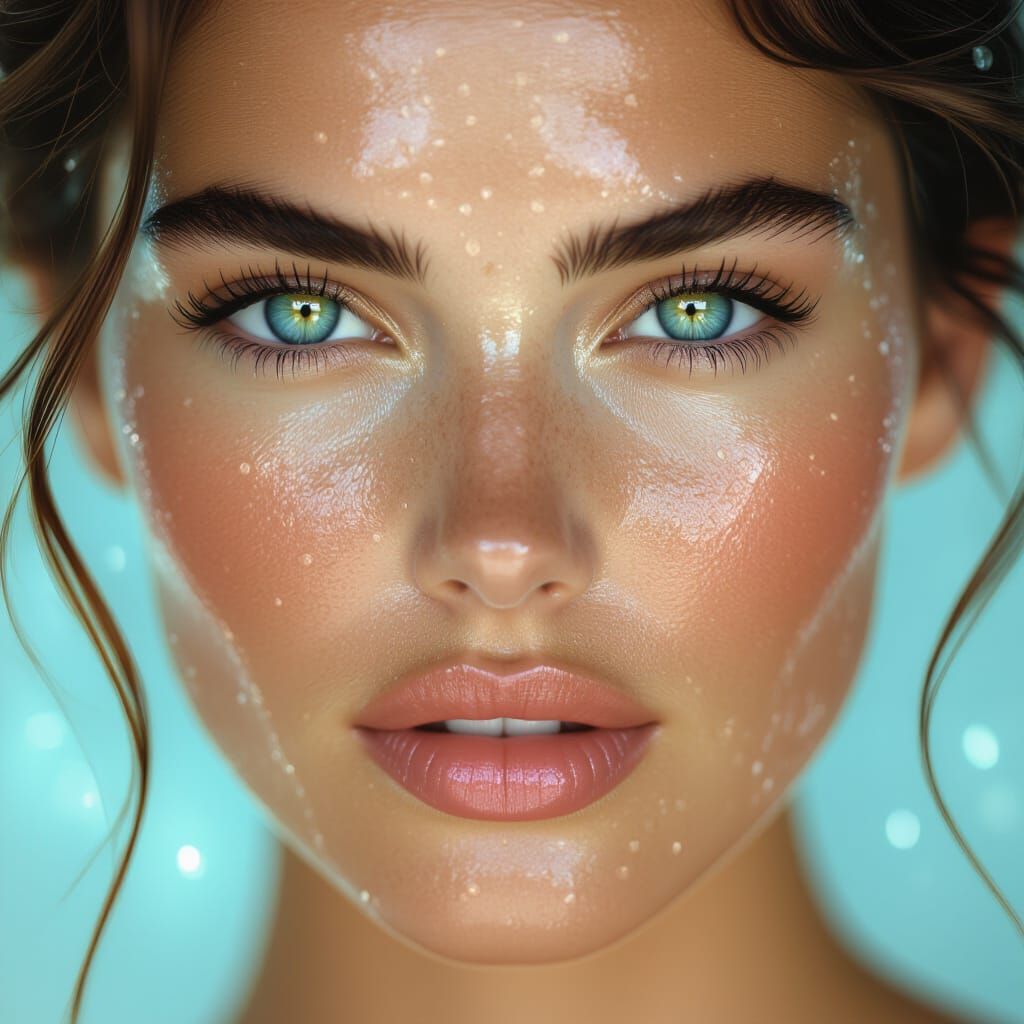 Hyperrealistic Woman with Glistening Skin and Blue Eyes