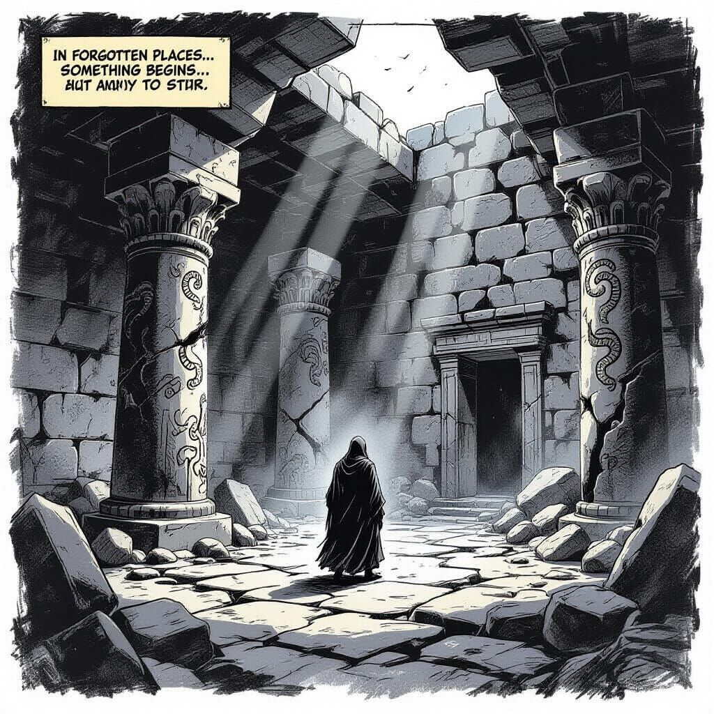 Charcoal Comic Page: Prophet in Ruined Temple