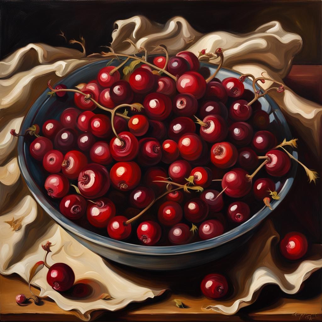 Cranberries Still Life in Renaissance Oil Painting Style