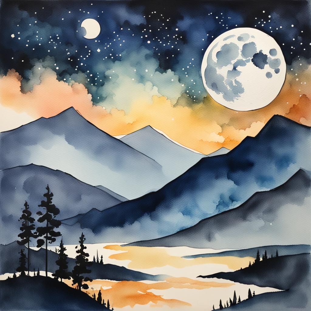 Watercolor Moon Over Mountain Silhouette