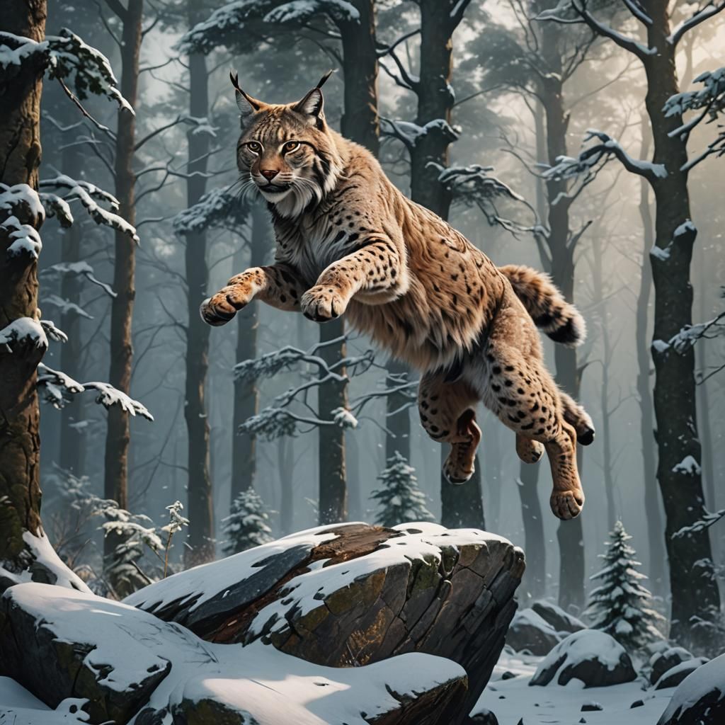 Lynx Leaping in Winter Forest, Detailed Matte Painting