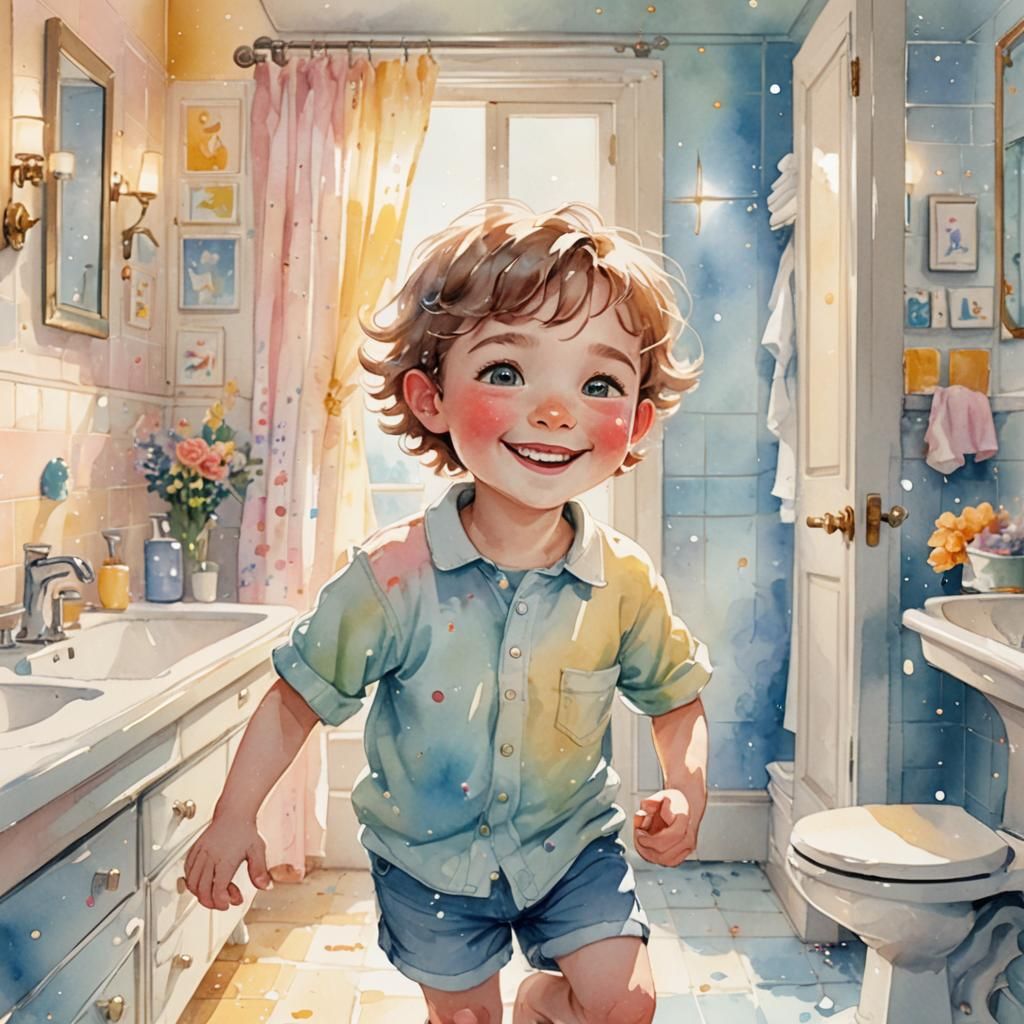 Whimsical Cartoon Kid in Sparkling Clean Bathroom