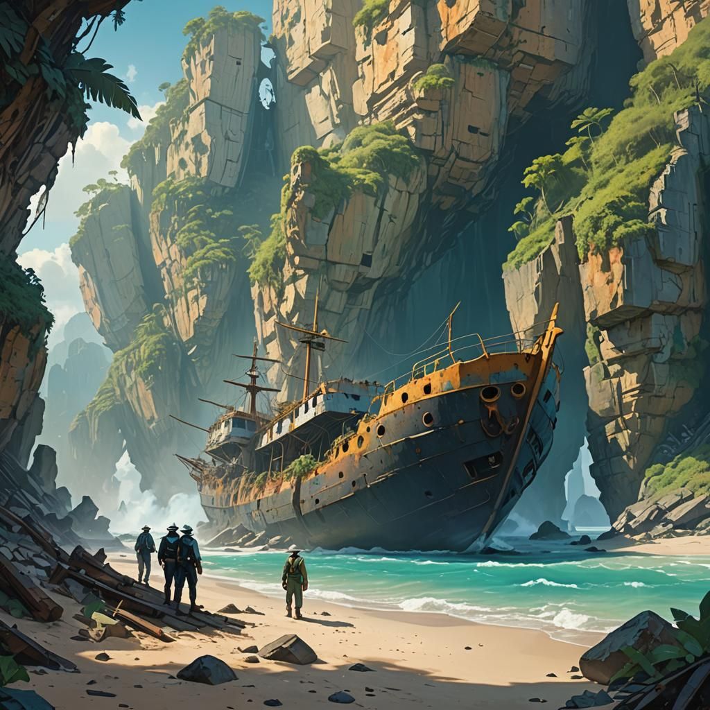 Sailors Explore Shipwreck on Tropical Island