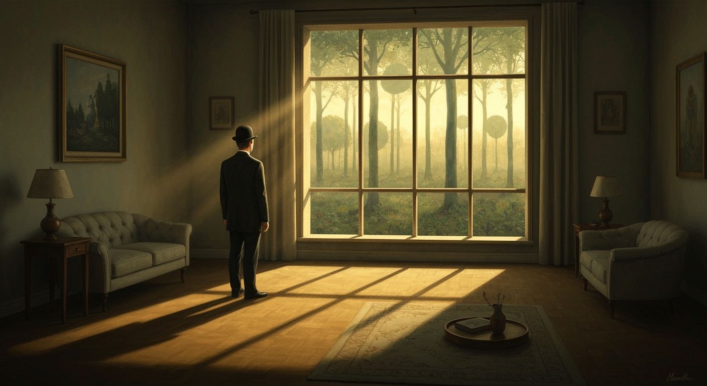 Man in Bowler Hat Gazes at Surreal Belgian Forest
