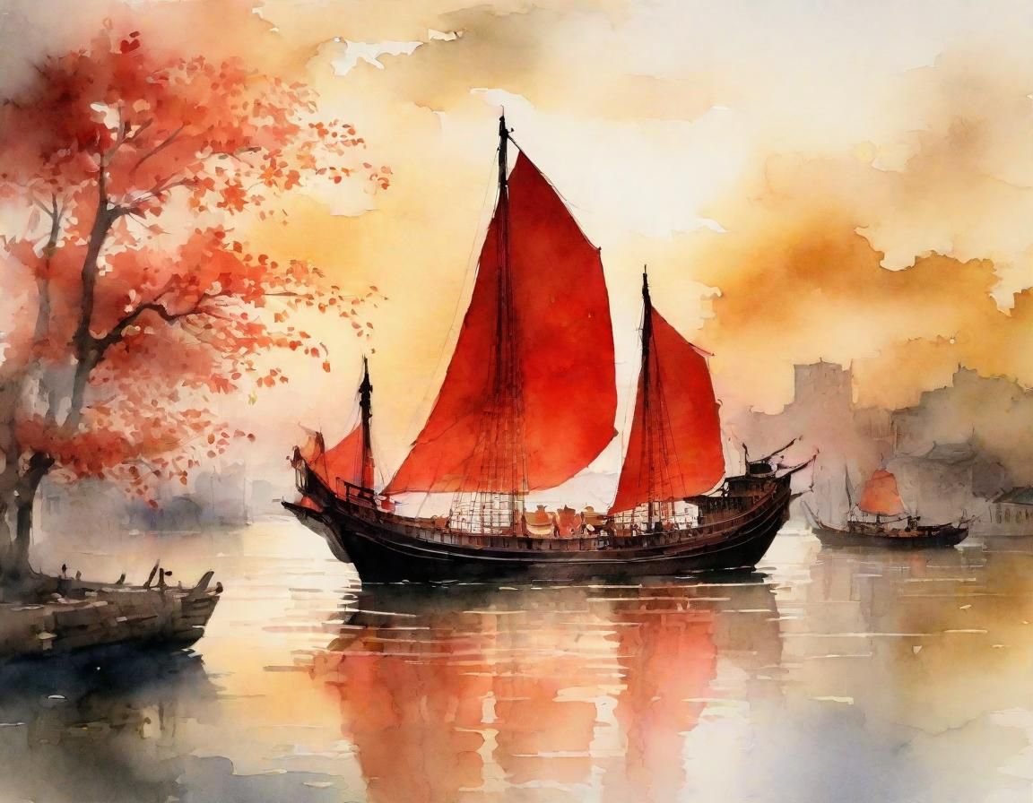 Atmospheric Watercolor of a Traditional Chinese Junk at Suns...