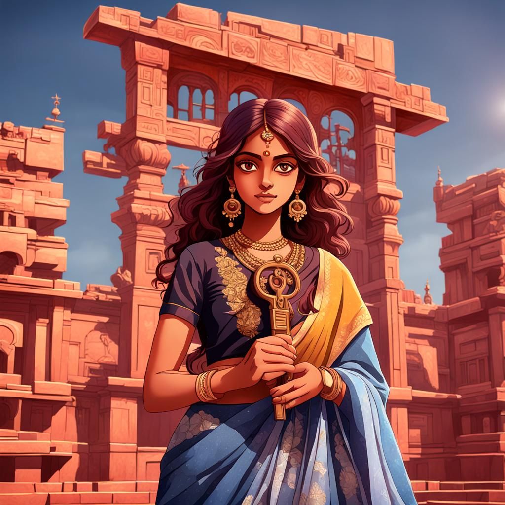 Indian Woman in Denim Saree: Anime-Style 3D Portrait