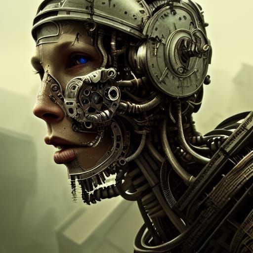 Photorealistic Mechanical Human in Dystopian Style