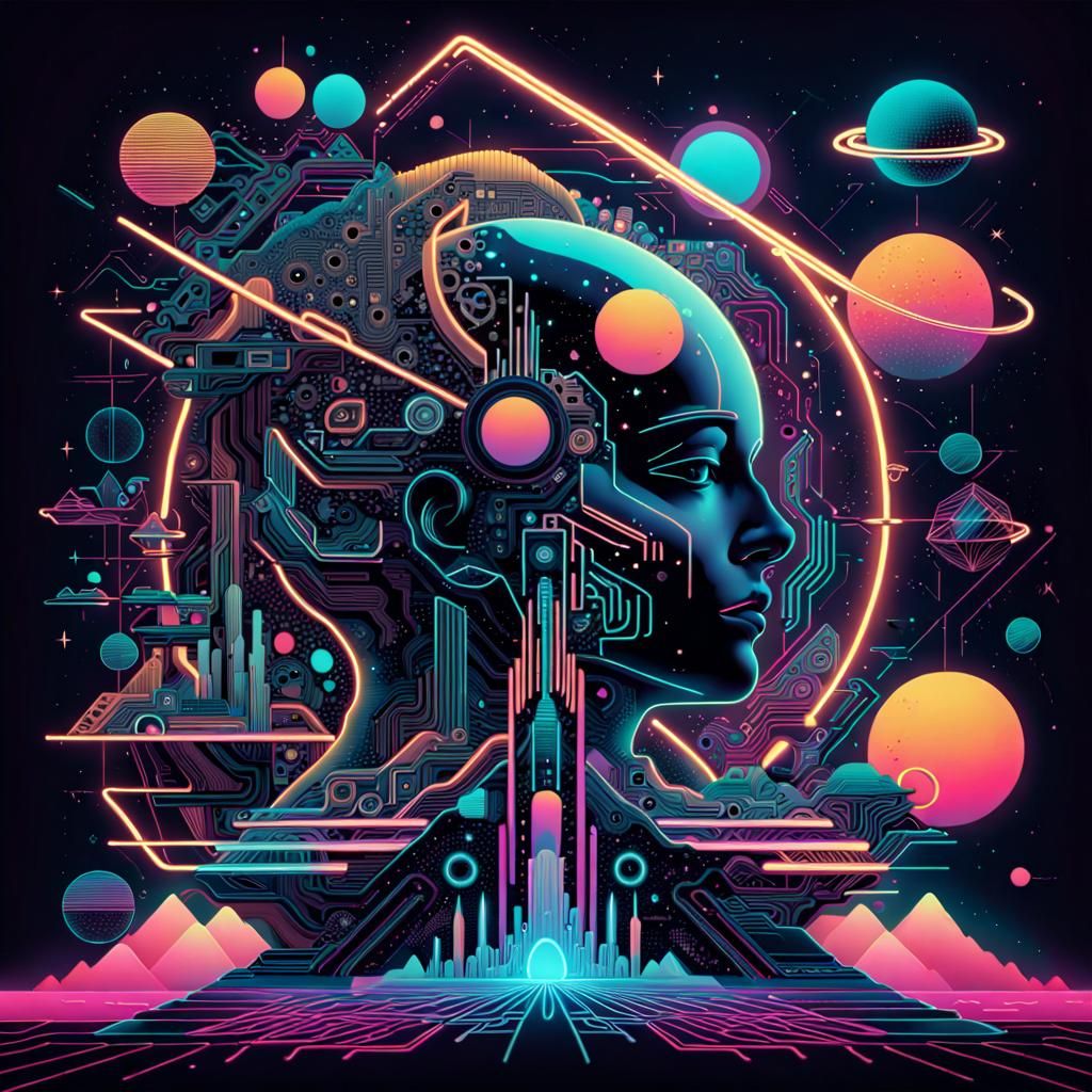 Neon Cyberwave Abstract Space Art in Retro Style