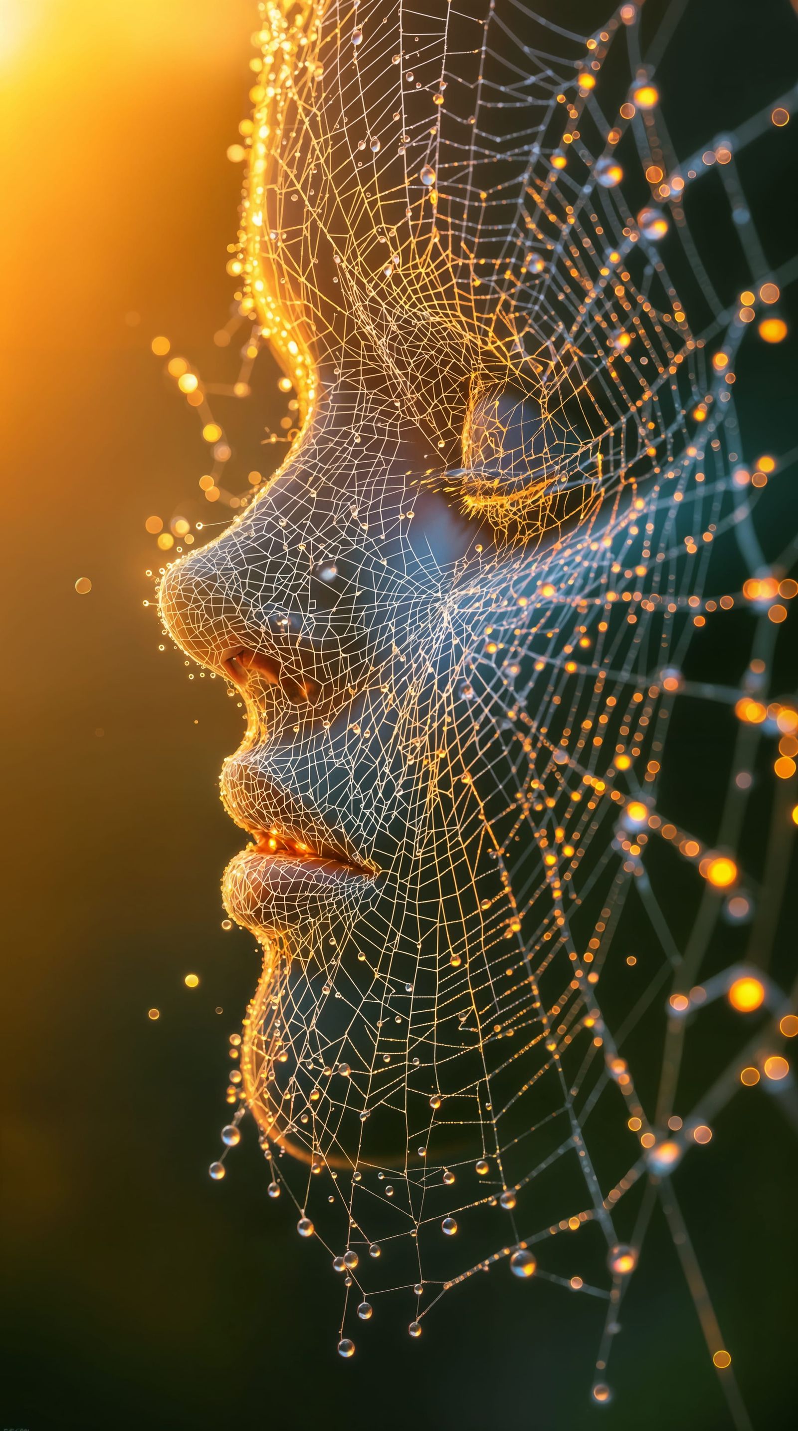 3D Face Woven From Web With Glistening Dew