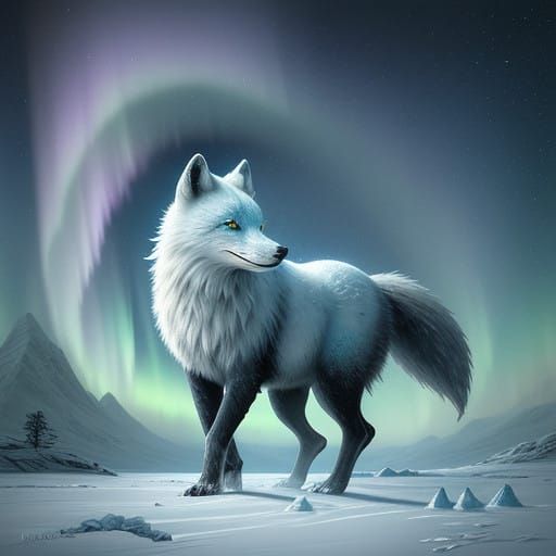 Fantasy Arctic Fox in Icy Armor, Set Against Wintry Aurora L...
