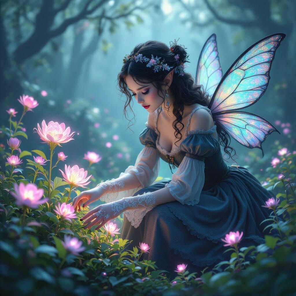 Gothic Fairy Tending Bioluminescent Garden, Dreamlike Art