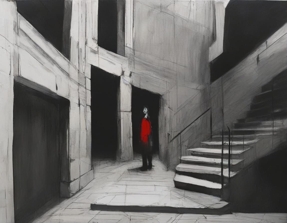 Goya-Inspired Two-Faced Figure in Brutalist Maze