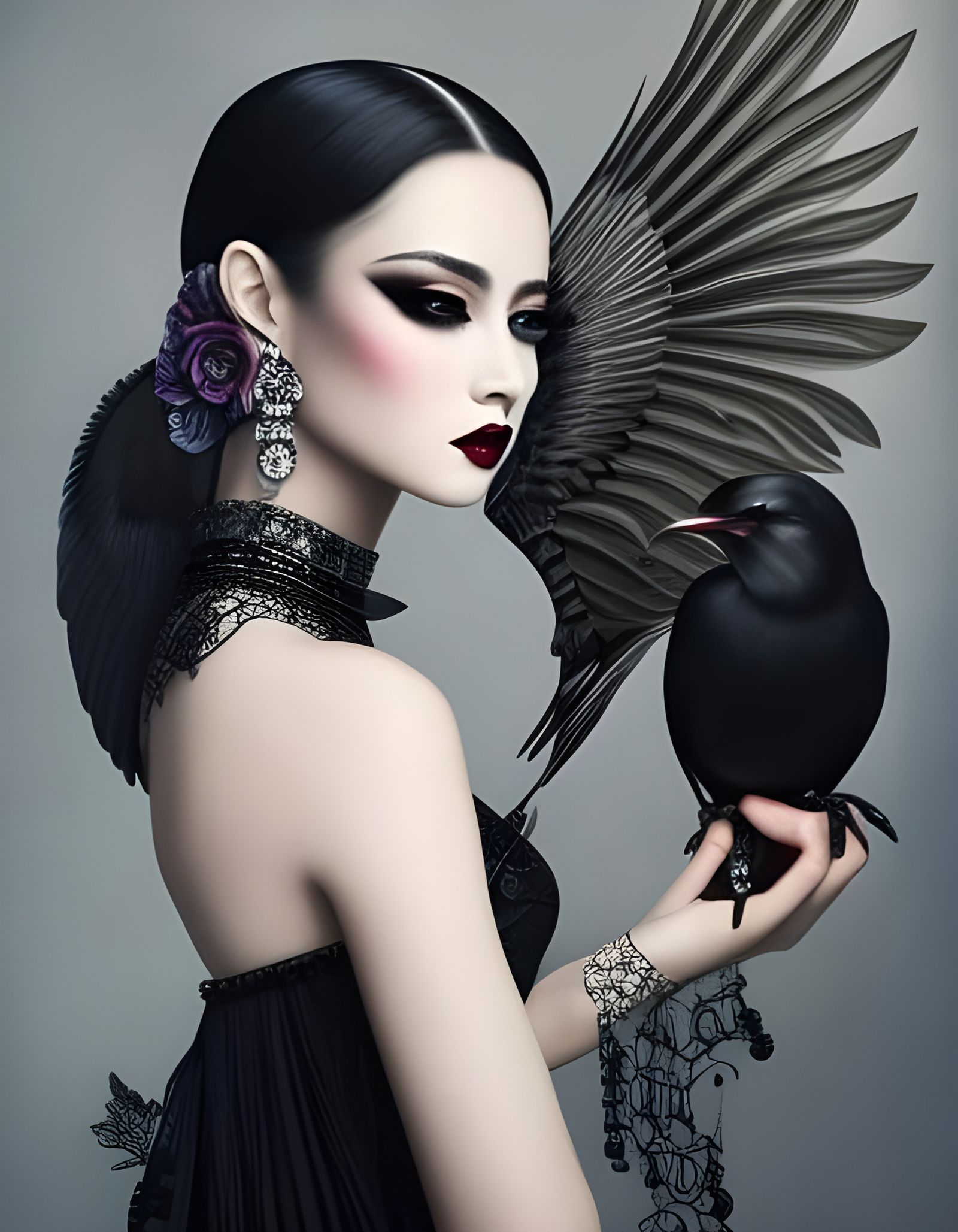 Beautiful Young Woman In a Gothic Black Lace Dress With a Bird
