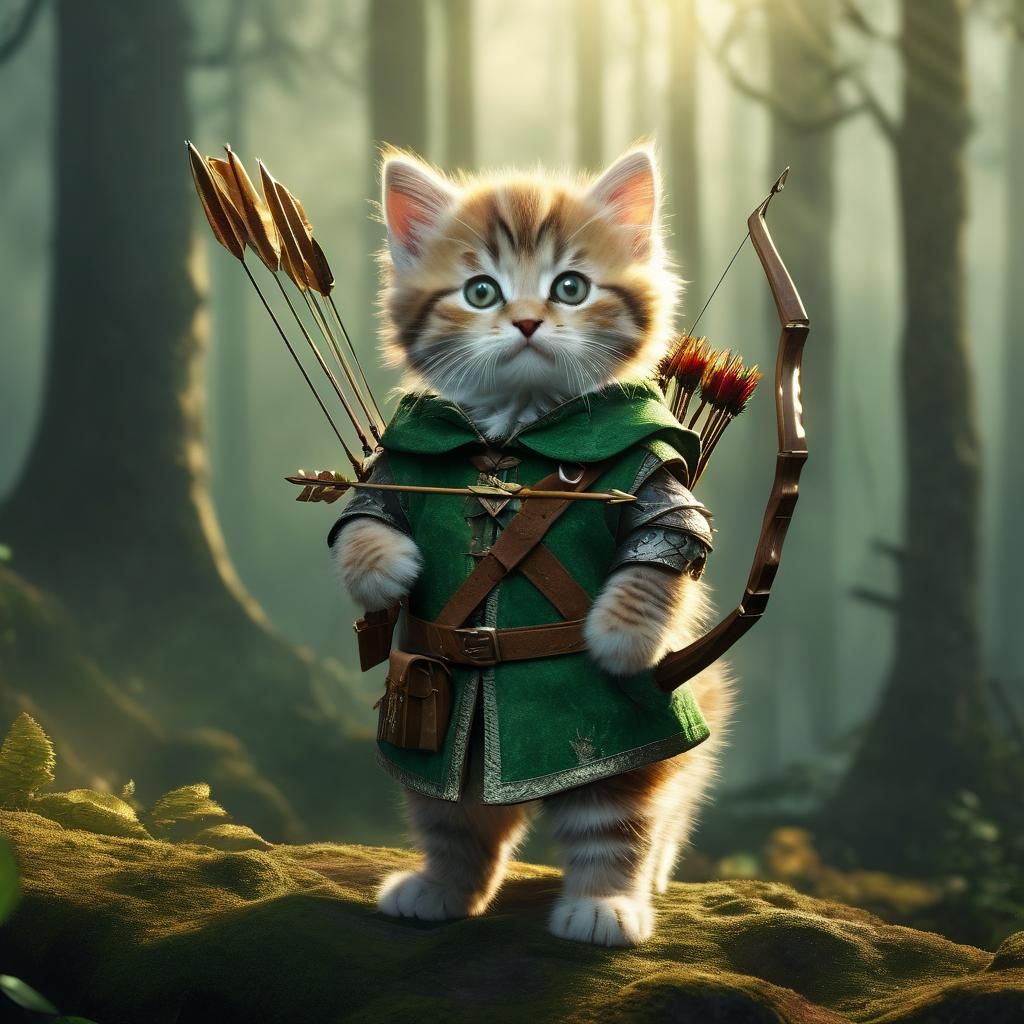A small fluffy kitten in the costume of Robin Hood, the hero...