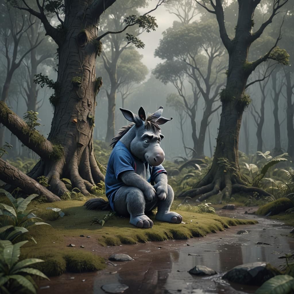 Melancholic Donkey Cartoon Character in Overcast Forest