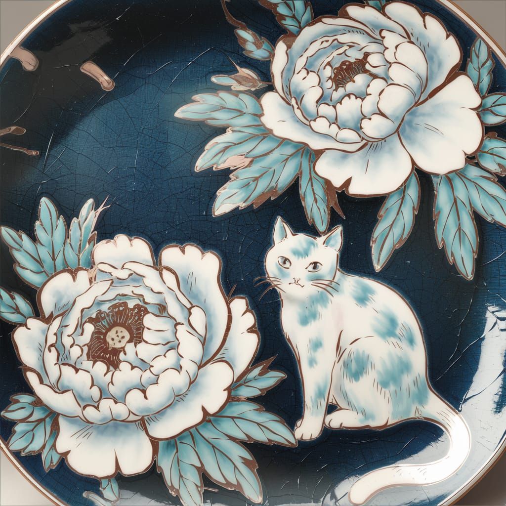 Anime-Style Koimari Plate with Cat and Peonies