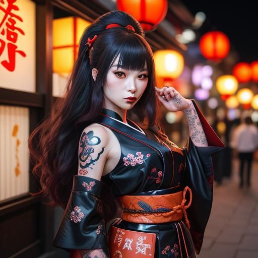 Oni Yōkai Woman in Hibiya Street at Night