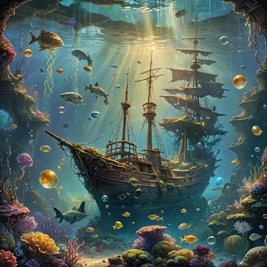 Ethereal Sunken Shipwreck Fantasy in Hyperdetailed Mist