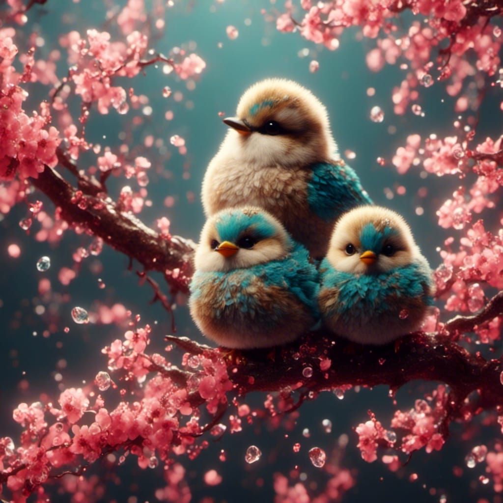 Cute Baby Bird with Mother on Blossoming Branch