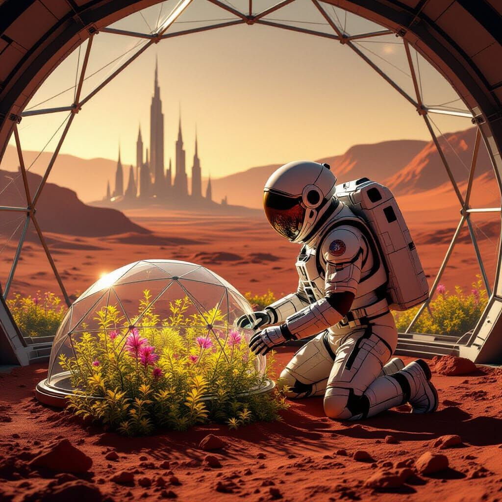 Astronaut Tends Bioluminescent Martian Garden in Geodesic Do...