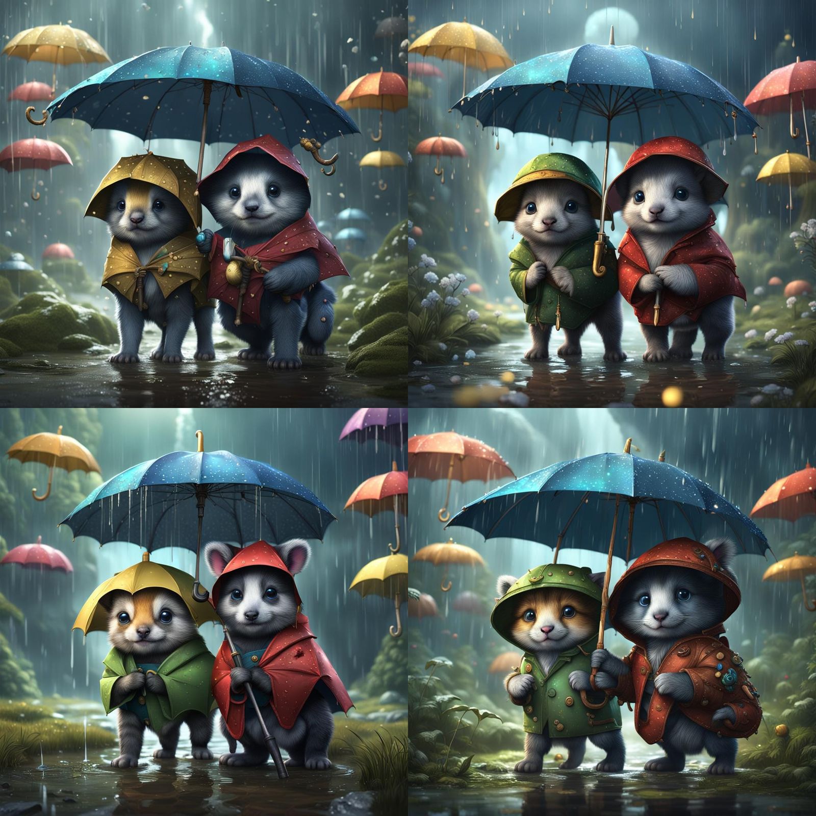 Charming Baby Animals Under Umbrellas in Detailed Painting