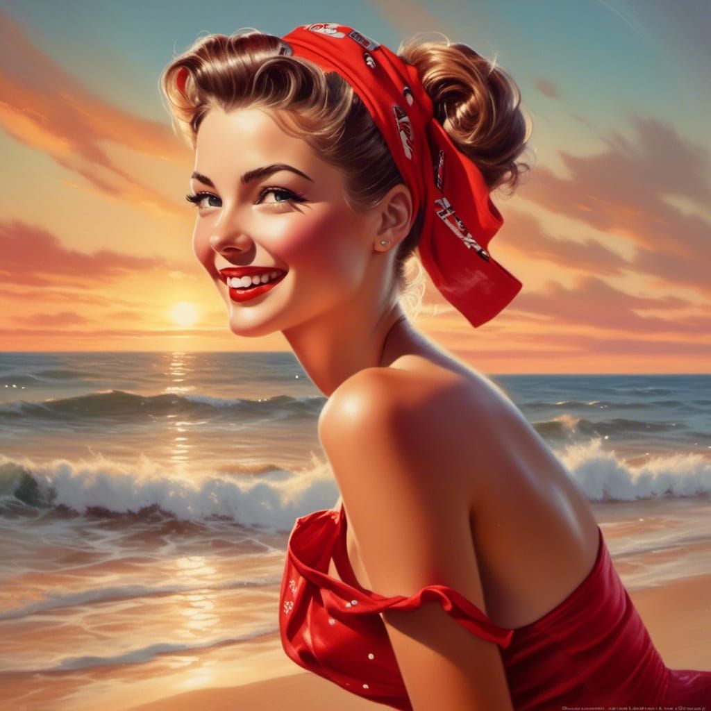 1950s Pin-Up Girl at Sunset Beach