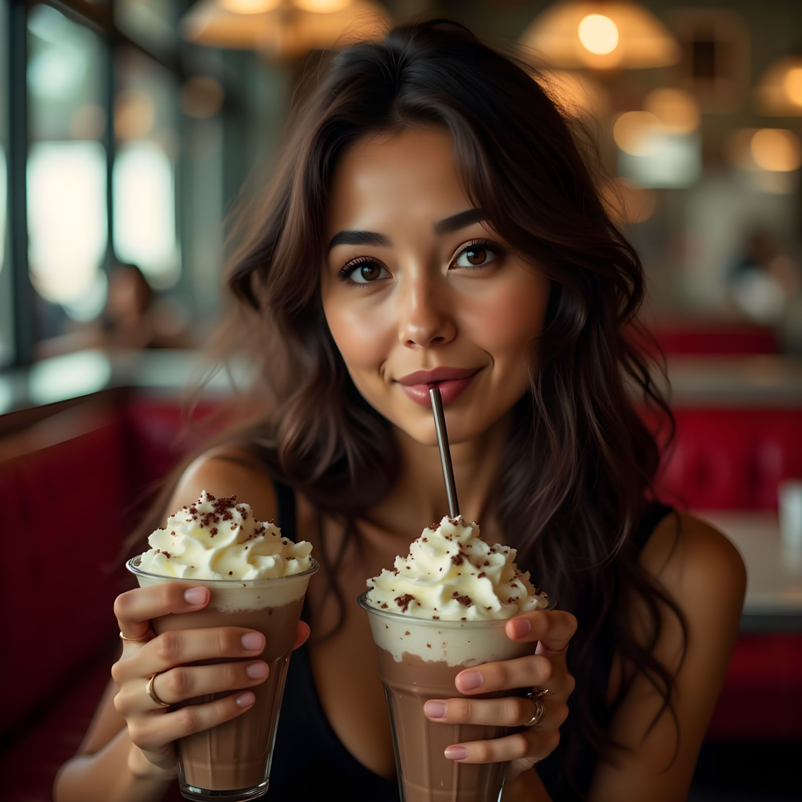 Latina Woman Delights in a Rich Chocolate Milkshake