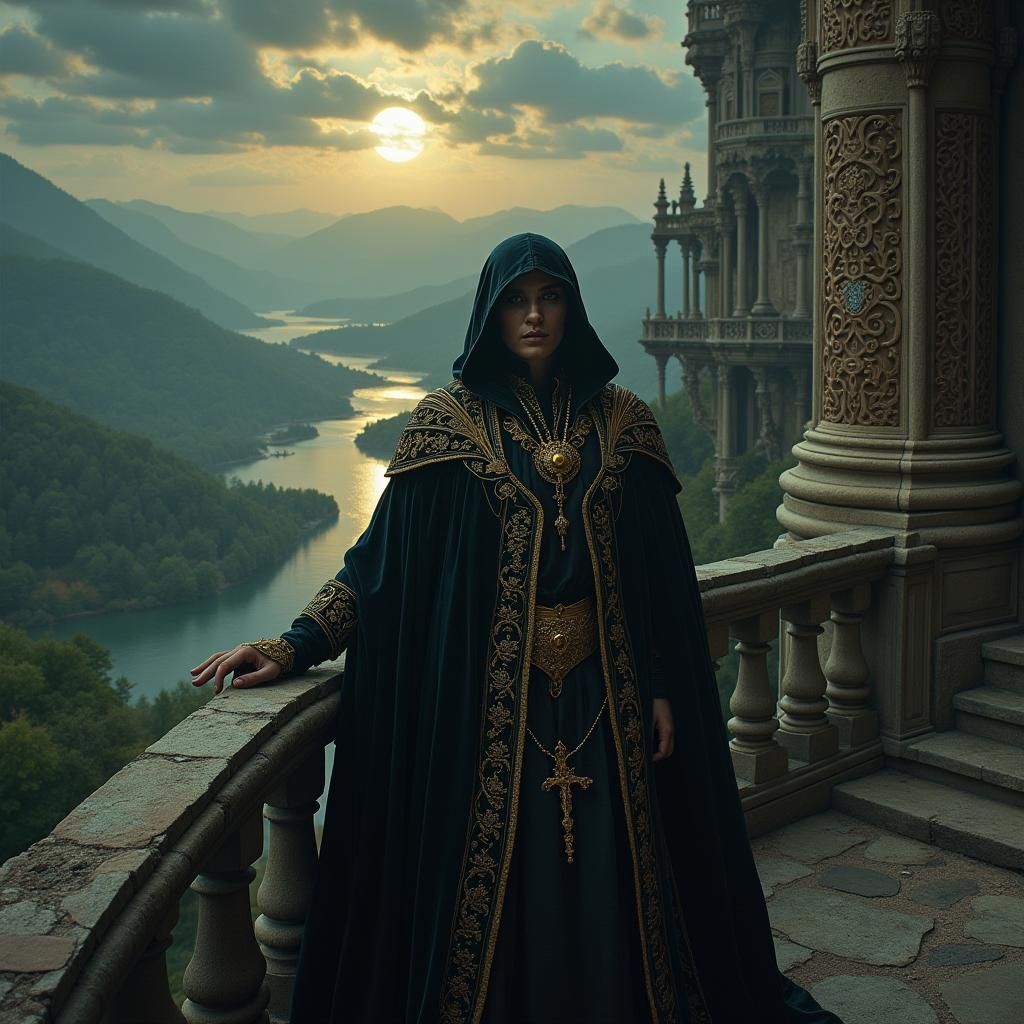 Regal Figure Overlooking Mystical Realm