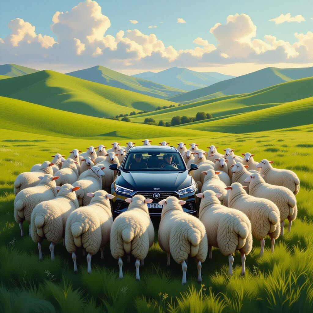 Sheep Surround Car in Ansel Adams Landscape