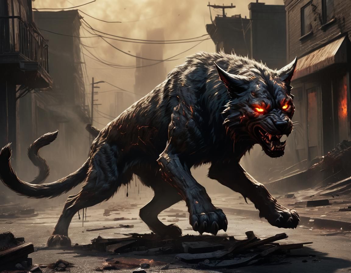 Demonic Cat and Hellhound Fight in Apocalyptic Concept Art