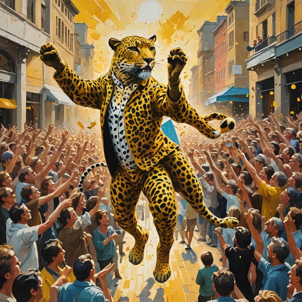 Yellow Leopard Man Ascending in Gouache Impressionism