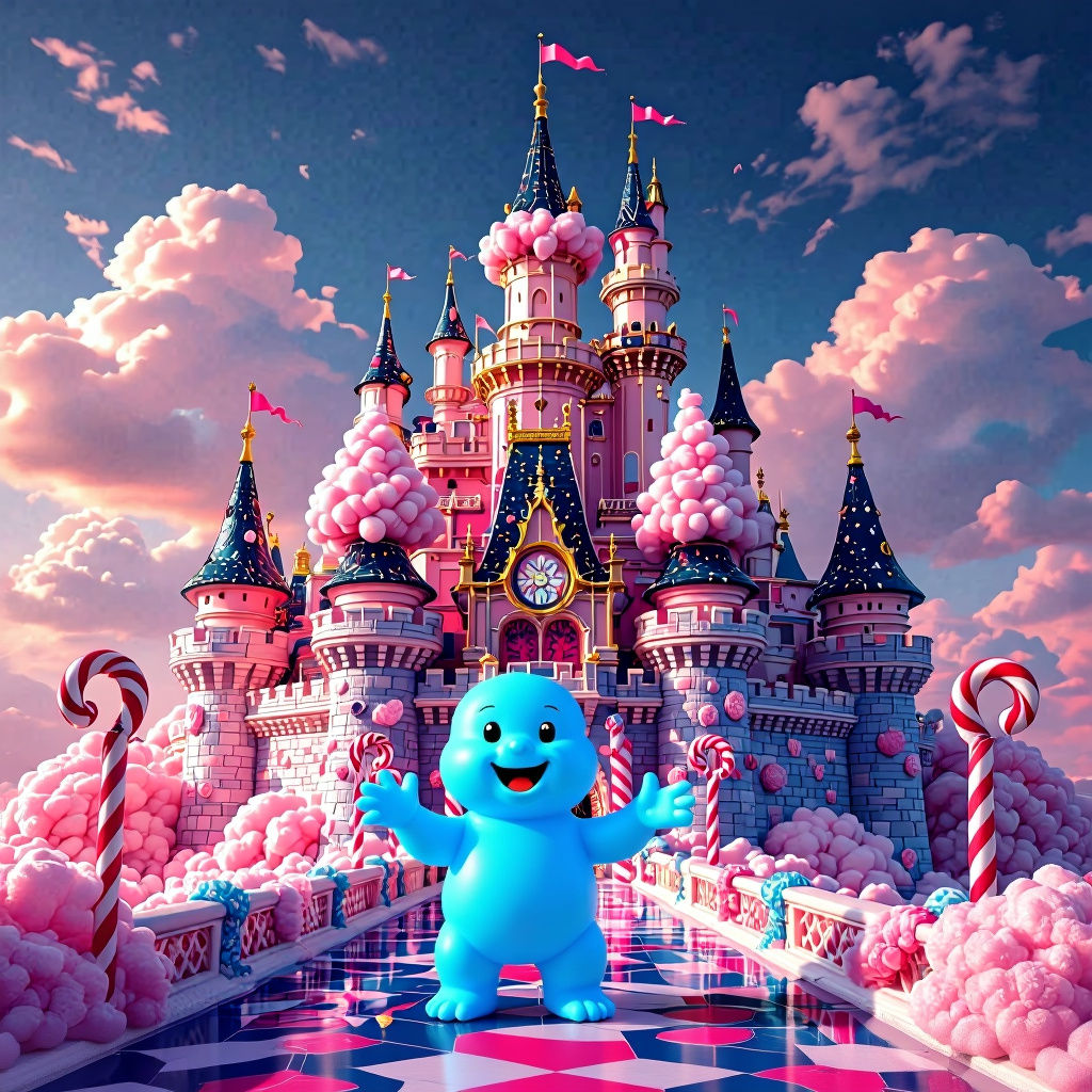 Fantastical Cotton Candy Castle in Vibrant Candy Art Style