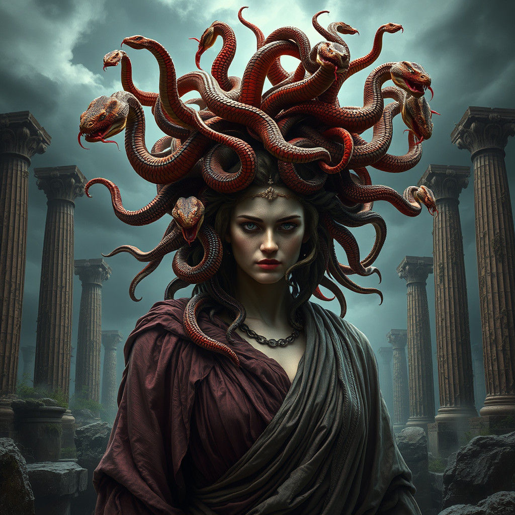 Medusa Portrait with Serpents in Dark Surrealism