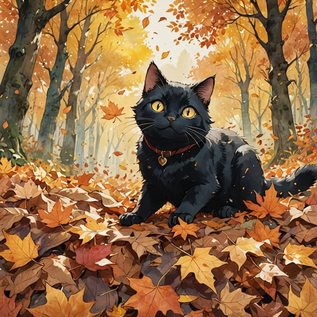 Cute Black Cat in Autumn Leaves: Watercolor Anime Art