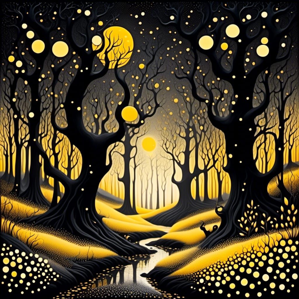 Pointillist-inspired fantasy black yellow landscape of a ser...