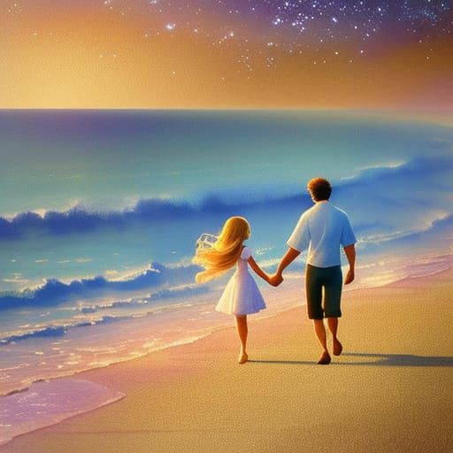 Romantic Beach Walk: Impressionist Watercolor Painting