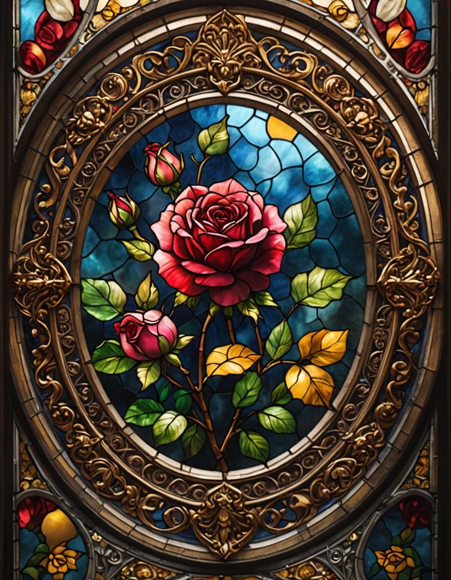 Stained Glass Rose-Camellia in Round Frame