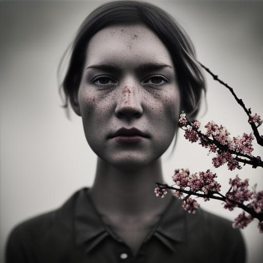 Monochrome Portrait with Cherry Blossoms in Photographic Sty...